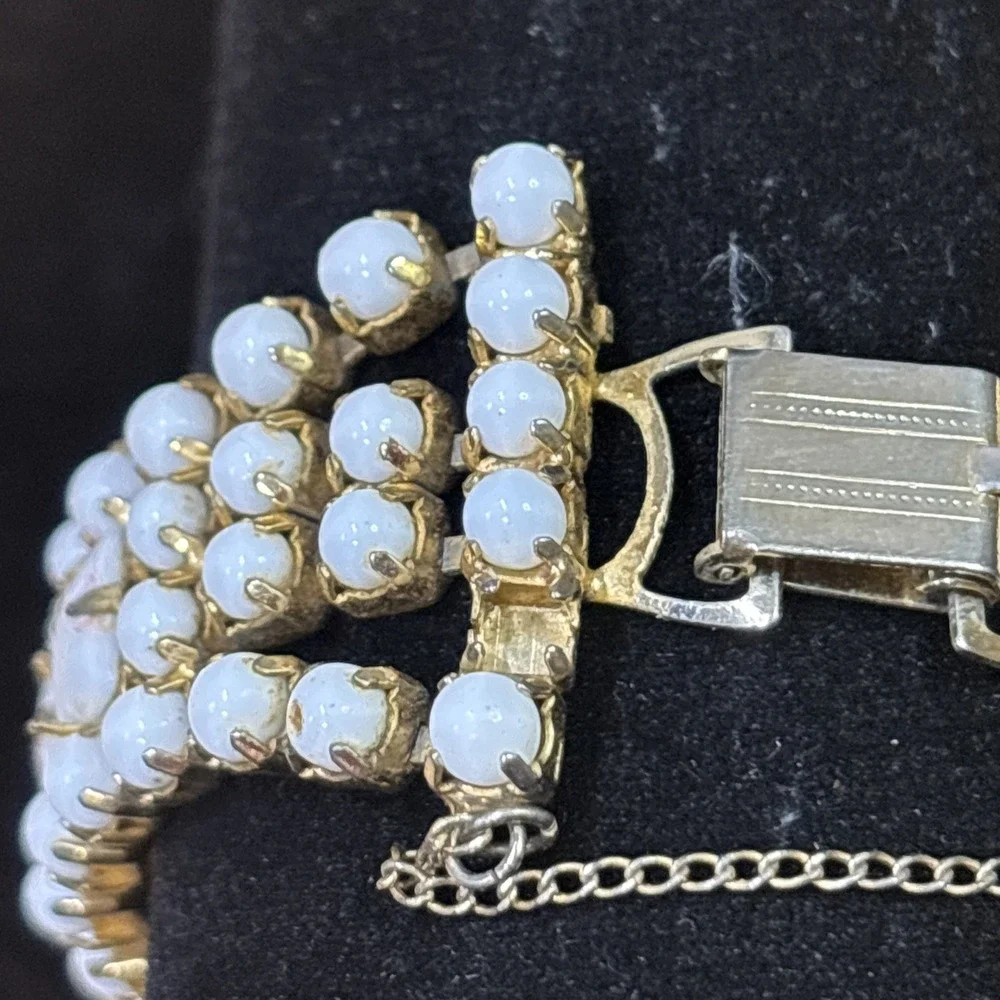Vintage Kramer Style Milk Glass Bracelet Art Deco White Gold Tone Statement